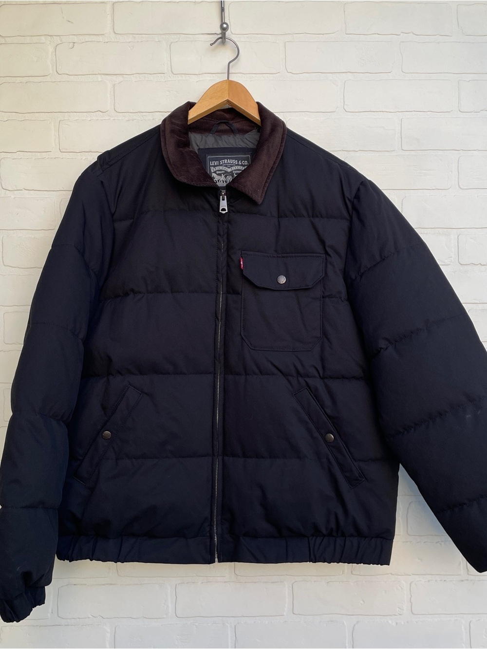 Levi's Black Quilted Puffer Jacket with Brown Corduroy Collar